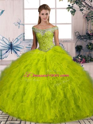 Glittering Ball Gowns Sleeveless Olive Green Quince Ball Gowns Brush Train Lace Up