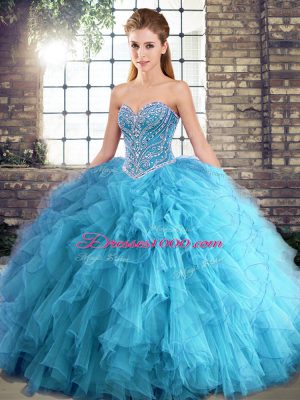 Stylish Sleeveless Lace Up Floor Length Beading and Ruffles Vestidos de Quinceanera
