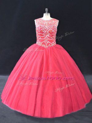 Hot Sale Coral Red Quinceanera Gowns Sweet 16 and Quinceanera with Beading Scoop Long Sleeves Lace Up
