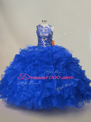 Royal Blue Scoop Lace Up Ruffles and Sequins Quinceanera Gowns Sleeveless