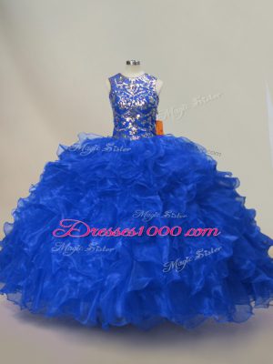 Royal Blue Scoop Lace Up Ruffles and Sequins Quinceanera Gowns Sleeveless