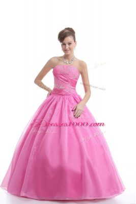 Rose Pink Ball Gowns Strapless Sleeveless Organza Floor Length Lace Up Embroidery Quince Ball Gowns