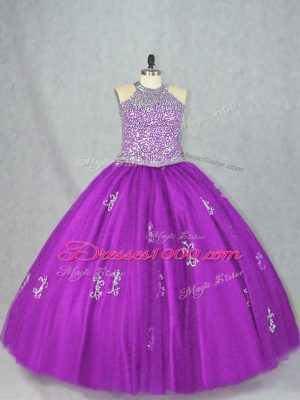 Halter Top Sleeveless Sweet 16 Dresses Floor Length Beading and Appliques Purple Tulle