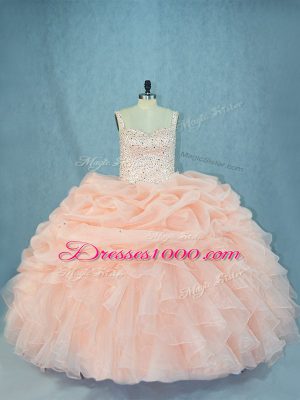 Hot Selling Peach Ball Gowns Beading 15 Quinceanera Dress Lace Up Organza Sleeveless