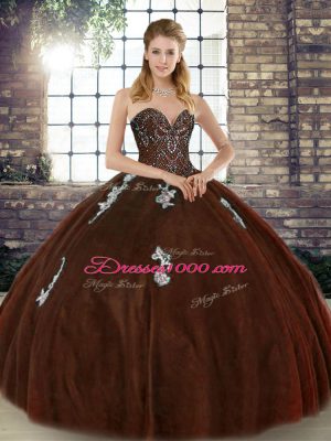 Shining Brown Tulle Lace Up 15th Birthday Dress Sleeveless Floor Length Beading and Appliques