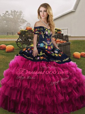 Fancy Embroidery and Ruffled Layers Sweet 16 Quinceanera Dress Fuchsia Lace Up Sleeveless Floor Length