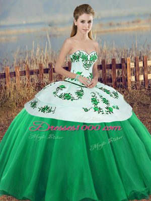 Green Tulle Lace Up 15 Quinceanera Dress Sleeveless Floor Length Embroidery and Bowknot