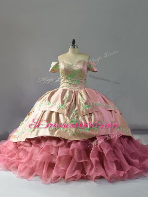 Pink Ball Gowns Embroidery and Ruffles Quinceanera Dresses Lace Up Organza Sleeveless Floor Length