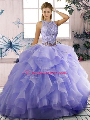 Lavender Ball Gowns Tulle Scoop Sleeveless Beading and Ruffles Zipper Quinceanera Gown