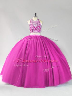 Halter Top Sleeveless Quinceanera Gown Floor Length Beading Fuchsia Tulle