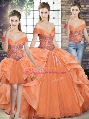 New Style Orange Lace Up Quinceanera Gown Beading and Ruffles Sleeveless Floor Length