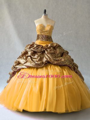 Chic V-neck Sleeveless Quince Ball Gowns Brush Train Beading and Pick Ups Gold Organza