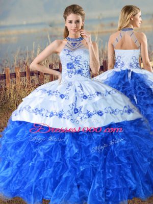 Delicate Halter Top Sleeveless Vestidos de Quinceanera Court Train Embroidery and Ruffles Royal Blue Organza