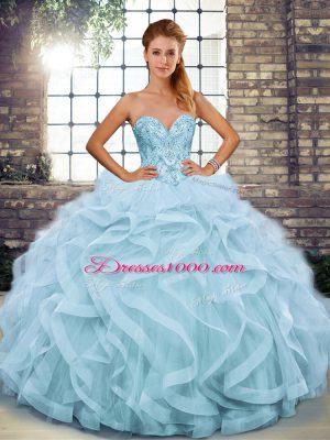 Light Blue Sleeveless Beading and Ruffles Floor Length Quince Ball Gowns