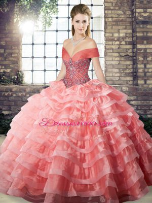 Watermelon Red Sleeveless Brush Train Beading and Ruffled Layers 15th Birthday Dress