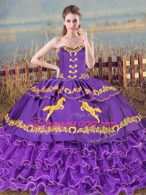 Customized Purple Sweetheart Lace Up Embroidery and Ruffled Layers Sweet 16 Quinceanera Dress Sleeveless