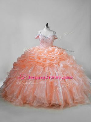Orange Straps Neckline Beading and Ruffles and Pick Ups 15 Quinceanera Dress Sleeveless Lace Up
