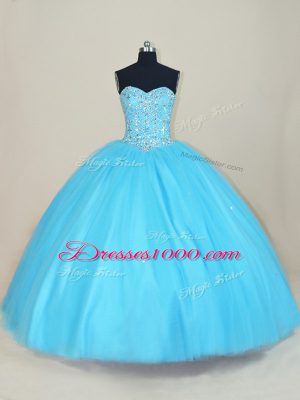 Stylish Sleeveless Floor Length Beading Lace Up Vestidos de Quinceanera with Aqua Blue