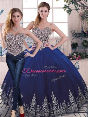 Royal Blue Lace Up Quinceanera Gown Beading and Embroidery Sleeveless Floor Length