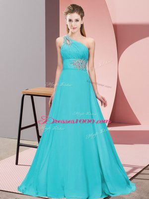 Delicate One Shoulder Sleeveless Lace Up Beading Prom Gown in Aqua Blue