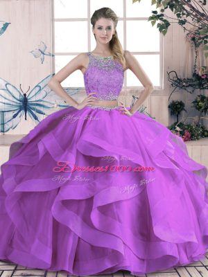 Sleeveless Tulle Floor Length Lace Up Quinceanera Dresses in Purple with Beading and Lace and Ruffles