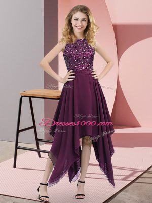 Admirable Dark Purple High-neck Zipper Beading and Sequins Prom Gown Sleeveless