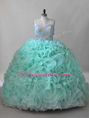 Apple Green Sleeveless Fabric With Rolling Flowers Brush Train Lace Up Sweet 16 Dress for Sweet 16 and Quinceanera