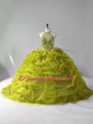 Comfortable Court Train Ball Gowns Quinceanera Gown Olive Green Halter Top Tulle Sleeveless Lace Up