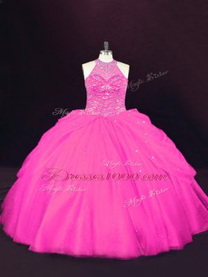 Hot Selling Hot Pink 15th Birthday Dress Sweet 16 and Quinceanera with Beading Halter Top Sleeveless Lace Up