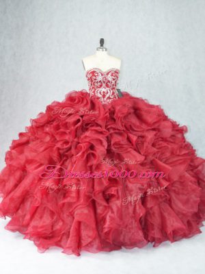 Fantastic Sleeveless Floor Length Beading and Ruffles Lace Up Quinceanera Gowns with Burgundy