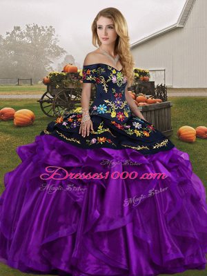 Off The Shoulder Sleeveless Quinceanera Gown Floor Length Embroidery and Ruffles Black And Purple Organza