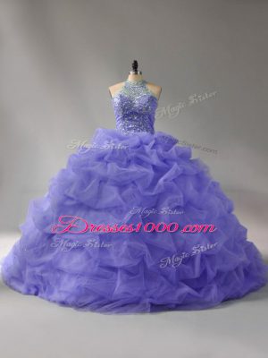 Adorable Lavender Sweet 16 Dress Organza Court Train Sleeveless Beading and Pick Ups