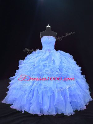 Unique Strapless Sleeveless Lace Up Quinceanera Gown Purple Organza