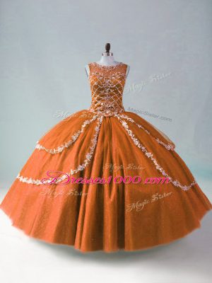 Customized Tulle Scoop Sleeveless Zipper Beading and Appliques Vestidos de Quinceanera in Rust Red