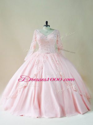 Baby Pink Vestidos de Quinceanera Sweet 16 and Quinceanera with Beading and Appliques V-neck Long Sleeves Lace Up
