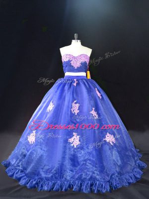 Glorious Organza Sweetheart Sleeveless Brush Train Zipper Appliques Vestidos de Quinceanera in Blue
