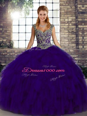 Artistic Straps Sleeveless Ball Gown Prom Dress Floor Length Beading and Ruffles Purple Organza