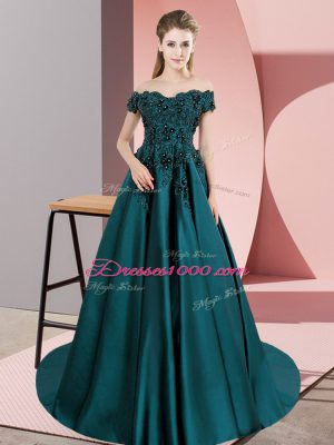 Custom Designed Teal Satin Zipper Sweet 16 Dresses Sleeveless Floor Length Court Train Lace