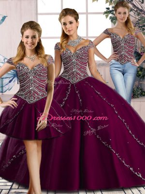 Sweetheart Cap Sleeves Quinceanera Dresses Brush Train Beading Purple Tulle