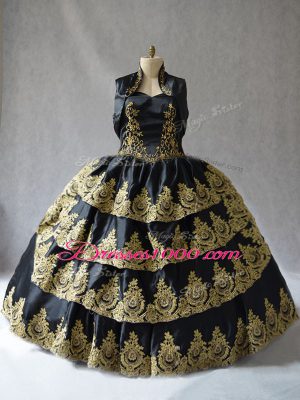 Simple Black Sleeveless Floor Length Embroidery Lace Up Quinceanera Dresses