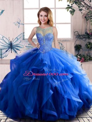 Royal Blue Scoop Lace Up Beading and Ruffles Quinceanera Gowns Sleeveless