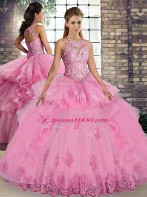 Traditional Floor Length Lace Up Sweet 16 Dresses Rose Pink for Military Ball and Sweet 16 and Quinceanera with Lace and Embroidery and Ruffles