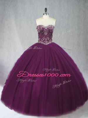 Sleeveless Tulle Floor Length Lace Up 15 Quinceanera Dress in Dark Purple with Beading