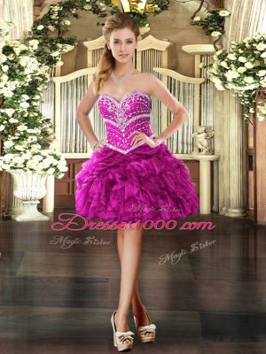 Sweetheart Sleeveless Cocktail Dresses Mini Length Beading and Ruffles Fuchsia Organza