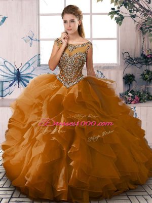 Sleeveless Organza Floor Length Lace Up Quinceanera Gown in Brown with Beading and Ruffles