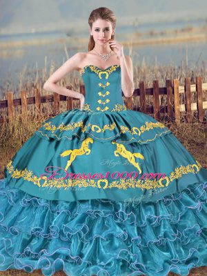 Sweetheart Sleeveless Brush Train Lace Up Quinceanera Gown Blue Satin and Organza