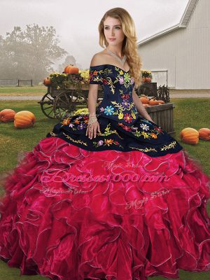 Excellent Floor Length Red And Black Quinceanera Dress Organza Sleeveless Embroidery and Ruffles