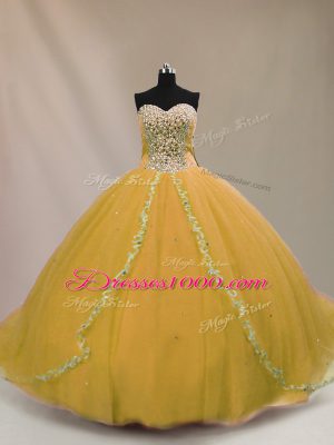 Sleeveless Tulle Lace Up Sweet 16 Dress in Brown with Beading