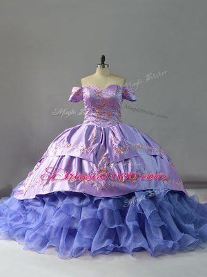 Off The Shoulder Sleeveless Organza Vestidos de Quinceanera Embroidery and Ruffles Chapel Train Lace Up