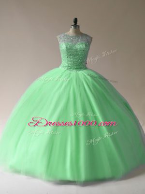 Latest Tulle Scoop Sleeveless Lace Up Beading Vestidos de Quinceanera in